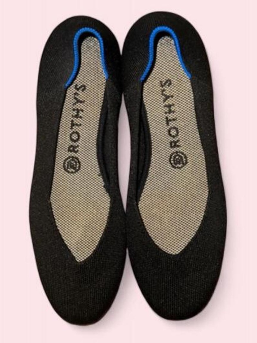 Rothy's Black Knit Ballet Flats with Blue Trim heel
